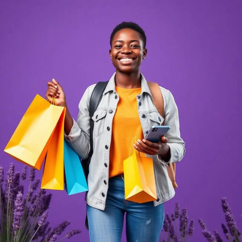 Student with shopping bags and smartphone